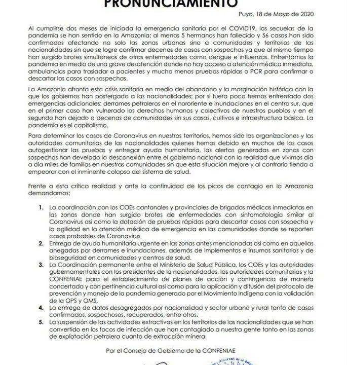 Pronunciamiento CONFENIAE (5-18-20)