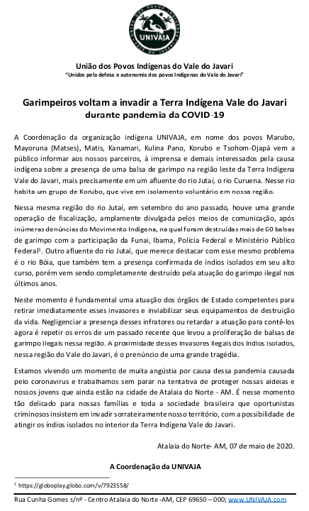 Garimpeiros voltam a invadir a Terra Indígena Vale do Javari durante pandemia da COVID-19 (5-7-20)