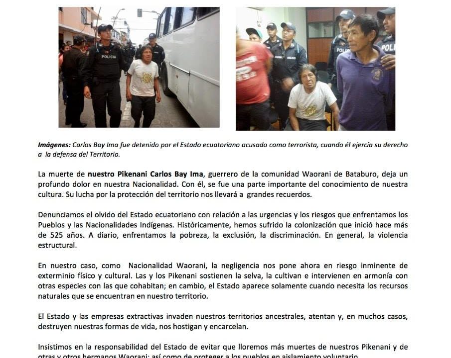 Denuncia pública: Nacionalidad Waorani registra el primer fallecimiento con sintomatología asociada al covid-19, nuestro Pikenani Carlos Bay Ima (5-18-20)