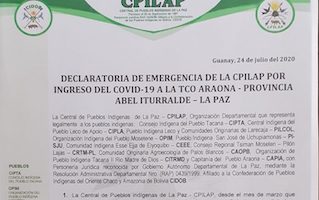 Indígenas del norte de La Paz se declaran en emergencia ante la presencia de casos sospechoso de Covid-19 (7-29-20)